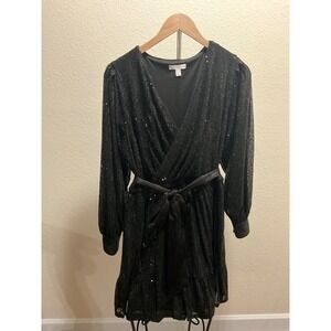 Lauren Conrad Black Sequin Wrap Dress Sleeve Belt Mid size L MISSING FEW SEQUINS
